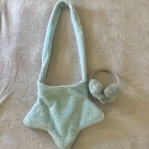 Star-Shaped Plush Baby Bag and Earmuffs Set - Light Blue